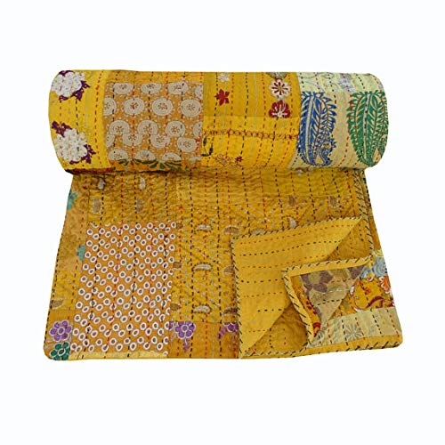 NANDNANDINI TEXTILE Colcha india hecha a mano Kantha de patchwork, manta de algodón, diseño antiguo, decoración del hogar, tamaño doble Kantha