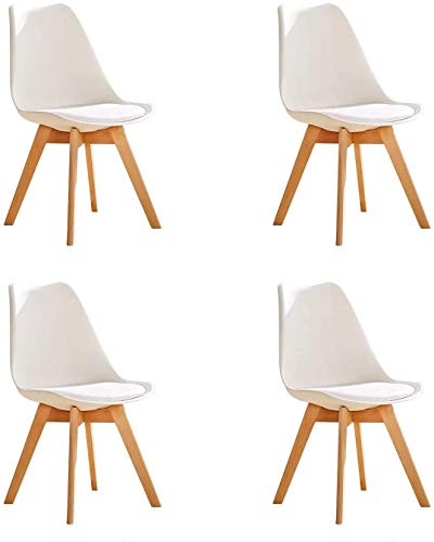 n/c Juego de 4 Sillas de Comedor Tulip con Cojines de Cuero Sintético Bien Acolchados y Patas de Madera de Haya para Comedor Sala de Estar Dormitorio y Cocina (Blanco)