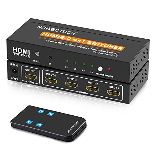 NOWBOTUCH 4K @ 60Hz 4x1 Interruptor HDMI 2.0 Interruptor selector HDMI 4 Puertos HDR Control Remoto IR 4Kx2K Caja selectora HDMI 4 en 1 Salida UHD 4K Conmutador HDMI Soporte HDR 18Gps HDCP 2.2 HD 3D