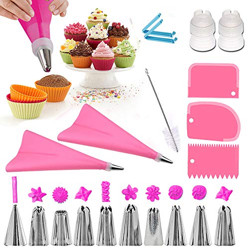 O-Kinee Boquillas Rusas de Reposteria, 10pcs Boquillas para Manga pastelera, Set Decoración de Cupcakes y Tartas, Incluir 10 Boquillas, 2 Acopladores, 2 Bolsa de Silicona, Clips,Cepillos de Limpieza