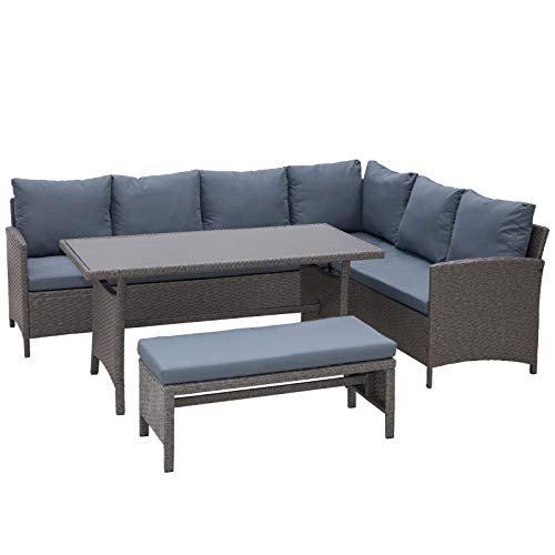 Outsunny Conjunto 4 Piezas Muebles de Ratán con Cojines para Jardín o Terraza Patio 2 Sofá 1 Mesa 1 Banco de Exterior Tubo de Hierro Gris