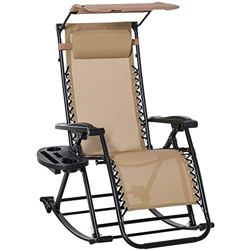 Outsunny Silla Mecedora de Jardín Plegable Tumbona Reclinable con Techo Protección Solar Reposacabezas Extraíble y Reposapiés Estructura de Acero 120x67x102 cm Beige