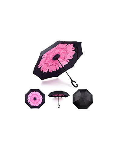 Paraguas a Prueba de Viento y Protector Solar a Prueba de Lluvia Paraguas Reversible Paraguas con Parachoques invertido con Mango en Forma de C (Capullo de Rosa)