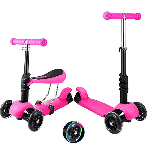 Patinete de 3 ruedas para niños pequeños y niñas, 2 en 1, con asiento desmontable, ruedas de luz LED, manillar de aluminio ajustable, base ancha, antideslizante, color rosa Patinete de 3 ruedas para niños pequeños y niñas, 2 en 1, con asiento desmontable, ruedas de luz LED, manillar de aluminio ajustable, base ancha, antideslizante, color rosa
