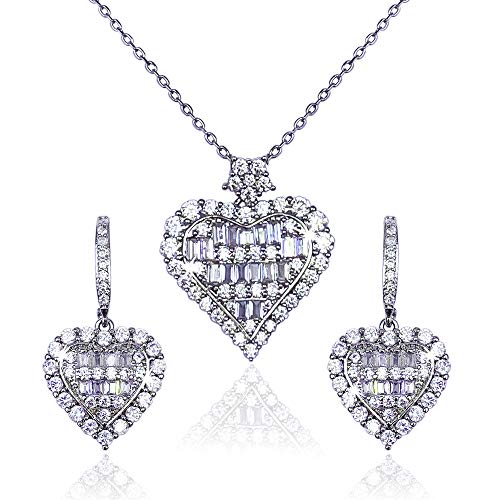 Pendientes y Collar Corazón LOVE, Baño en oro blanco, Juego de Joyas para Mujer, Regalo San Valentín Pendientes y Collar Corazón LOVE, Baño en oro blanco, Juego de Joyas para Mujer, Regalo San Valentín