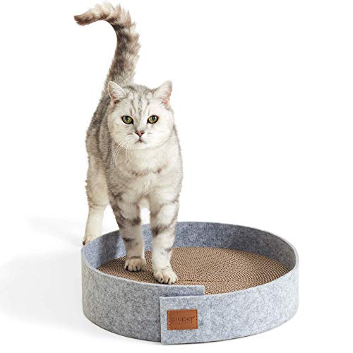 PiuPet® - Tabla rascador con hierba para gatos, 38 cm de diámetro, elegante cama rascador para gatos con borde de fieltro, gato rascador de cartón (gris)