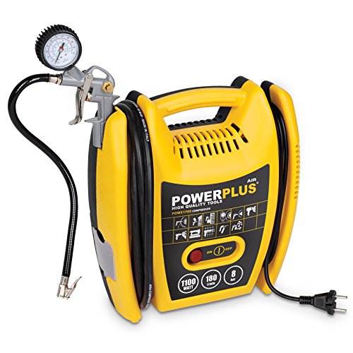 POWERPLUS POWX1705 Compresor de aire a presión portátil (1100 W, máximo 8 bar, incluye accesorios), amarillo