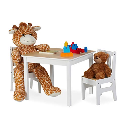 Relaxdays Mesa Infantil con Dos sillas, Mobiliario de Interior, Set de Muebles, MDF, Blanco/marrón