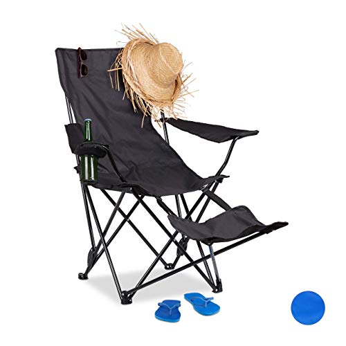 Relaxdays Silla Camping Plegable con Reposapiés y Soporte Bebidas, Acero y Poliéster, Negro, 96 x 86,5 x 120 cm