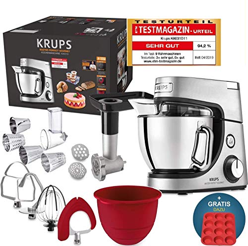 Robot de cocina Krups Premium 17 pzs., bol acero inox. 4,6 l, bol silicona, 4 agitadores acero inox., apto para lavavajillas, 1100 W, cortadora, picadora de carne, recetas gratis y molde 12 pasteles