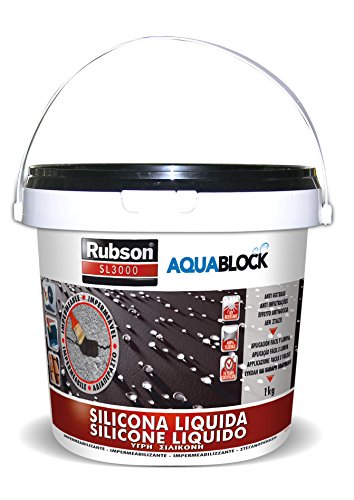 Rubson Aquablock SL3000 Silicona Líquida negra, impermeabilizante líquido para prevenir y reparar goteras y humedades, silicona elástica con tecnología Silicotec, 1 x 1 kg