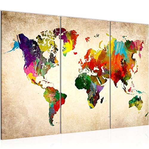 Runa Art Mapa Del Mundo Cuadro Murales Sala XXL Vistoso Continentes Mapa 120 x 80 cm 3 Piezas Decoración de Pared 105131a
