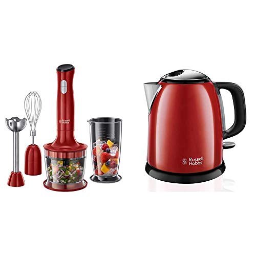 Russell Hobbs Desire - Batidora de mano 3 en 1 (500 W, Rojo, Cuchilla de Acero Inoxidable, sin BPA) + Hobbs Colours Plus - Hervidor de Agua Eléctrico Pequeño (2400W, Hervidor de 1l, Kettle Inox)