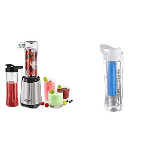 Russell Hobbs Mix & Go Batidora de Vaso de Mano (300 W, Acero Inoxidable, Plata y Negro, 2 Vasos) + Mix & Go Vaso para Batidora Pequeña (0,6l, Transparente, con Tubo Refrigerador y Tapa)