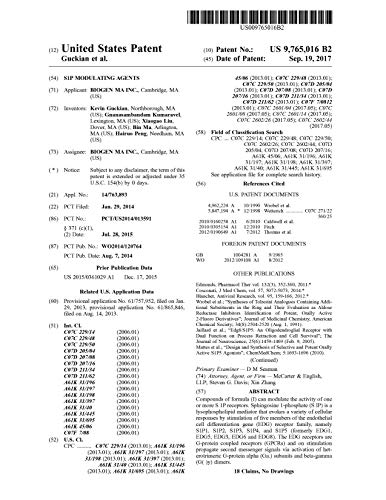 S1P modulating agents: United States Patent 9765016 (English Edition)
