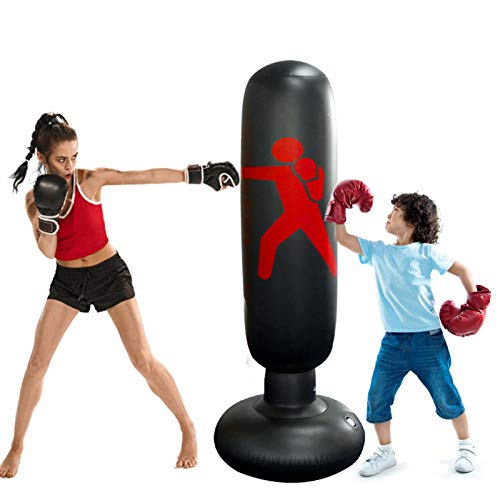 Saco de Boxeo de Pie Inflable,Saco de Arena de Columna Inflable 160cm PVC Fitness,para Niños y Adultos Ejercicio y Alivio del Estrés (Black)