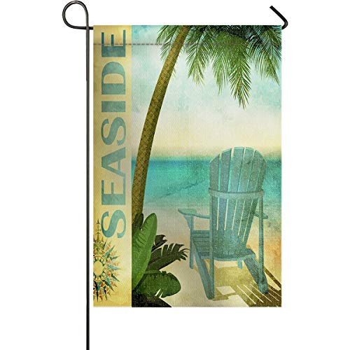 Seaside Garden Flag House Banner Bandera Decorativa Hogar al Aire Libre Valentine, Vintage Summer con sillón Descolorido y Palmera en Sandy Beach Yard Flag 12 x 18 Pulgadas