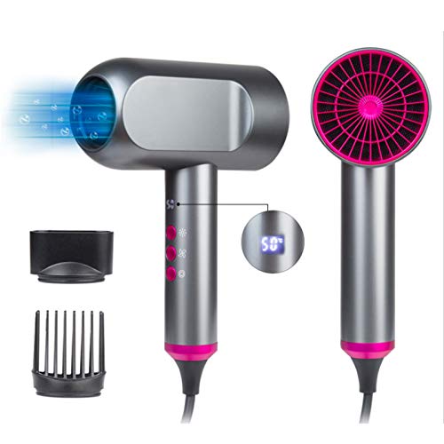 Secador de pelo iónico, apagado por inducción, silencioso, 5 velocidades, 5 ajustes de temperatura, secado rápido, pantalla digital LED, secador de pelo