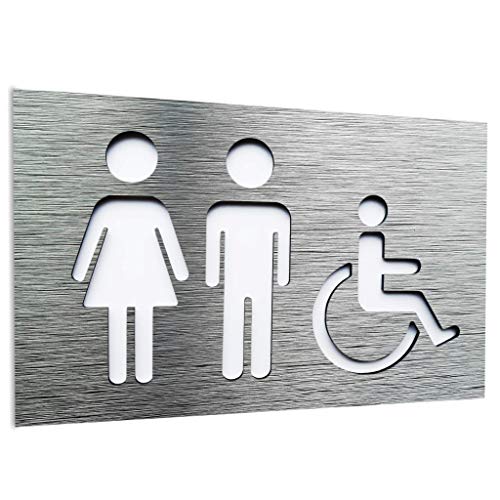 Señales para Puerta WC Cartel de baño Mujer y Hombre Handicap - Silla de ruedas letrero - Set de Carteles para Aseo - Letrero Autoadhesivo aluminio Inoxidable de 12 x 19 cm - Señal de baño