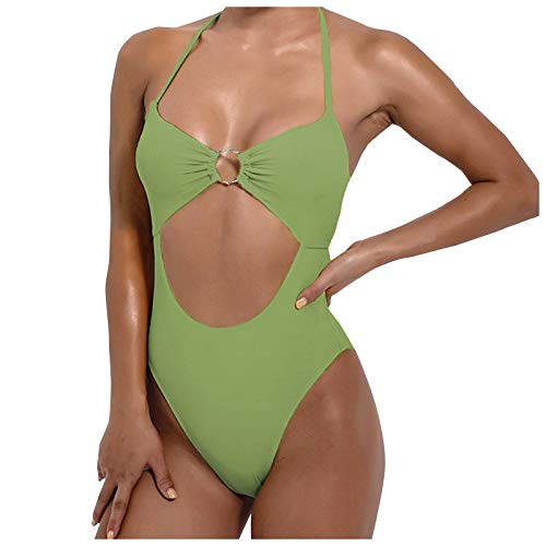 Senyounight - Conjunto de ropa de playa para mujer de color liso plisado en la parte superior con abertura en la parte superior y hebilla circular (verde, mediano)