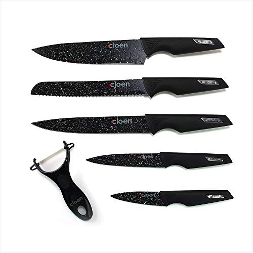 Set de 6 piezas con pelador incluido - Modelo Black Premium 5 cuchillos de acero inoxidable y 1 pelador con hoja cerámica - Presentado en estuche imantado.