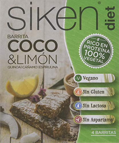 Siken Diet Proteína Vegetal - Barrita de Coco Limón de 36 g. 140 Kcal/barrita. Caja con 4 unidades (10849)