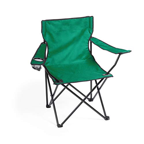 Silla Verde Camping Plegable con apoyabrazos y Bolsillo de redecilla Integrado para Bebida, Goma Antideslizantes en Las Patas, Silla terraza, Camping, Campo