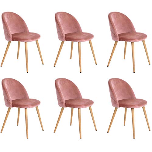 Sillas de Comedor de Terciopelo Juego de 2/4/6 Sillas de Ocio Modernas de Mediados de Siglo Sillas tapizadas con Patas de Metal para la Sala de Estar del Dormitorio (Pink 6)