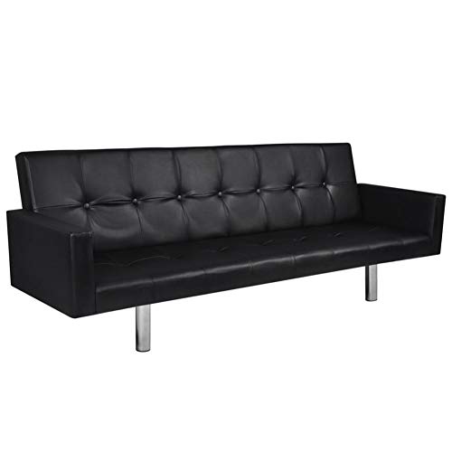 Sofá cama 2 en 1 moderno de madera + piel sintética, sofá cama de 3 plazas, sofá esquinero para salón, dormitorio, oficina, color negro, 184 x 77 x 60 – 66 cm