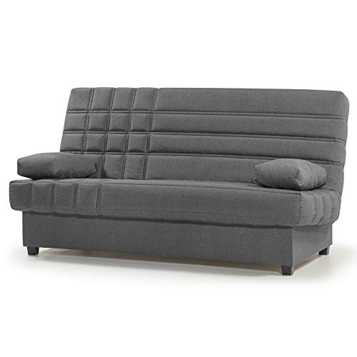 Sofá Cama de 3 plazas Clic clac con arcón Interior y Patas de plástico Color Negro Modelo Romeo Color Gris Oscuro Sofá Cama de 3 plazas Clic clac con arcón Interior y Patas de plástico Color Negro Modelo Romeo Color Gris Oscuro