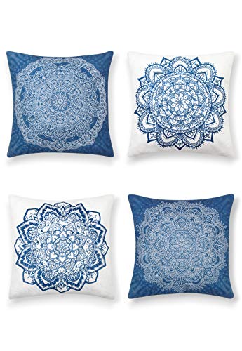 SUMGAR Fundas de Cojín Mandala de Azul y Blanco de Boho Algodón Lino Indio Fundas de Almohada Decorativas de Bohemio Para Sala de estar Sofá Cama Coche 45x45cm Paquete de 4