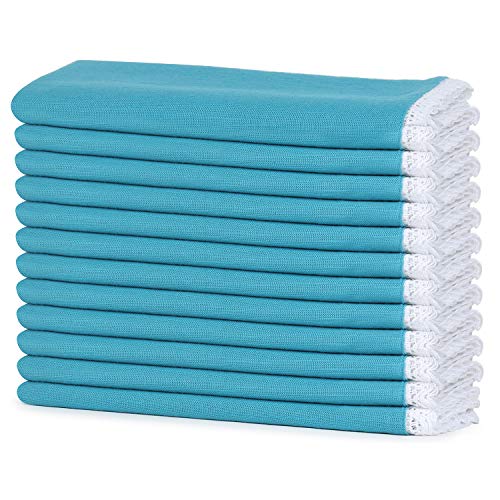 Sweet Needle - Paquete de 12 servilletas de algodón en base verde azulado con encaje de ganchillo de color blanco, 50 cm x 50 cm – 100% fibra natural de celulosa