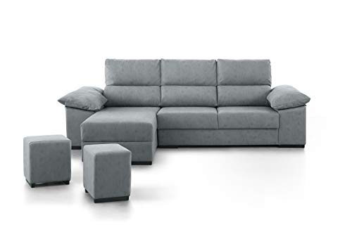 SWEET SOFA® - Sofá Chaiselongue Capri, 4 plazas, Asientos deslizantes, Cabezales reclinables, arcón y Puffs incluidos, Elegante Tela Anti Manchas. Fabricación Nacional (Chaise Longue Izquierdo,Gris)