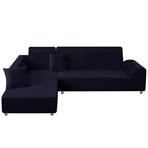 TAOCOCO Funda para sofá con chaise longue elástica de poliéster en forma de L (azul oscuro, 2 plazas + 3 plazas)