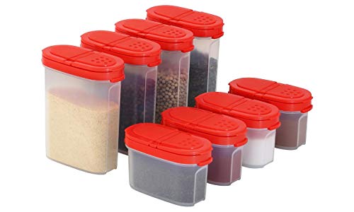 Tarros de Plástico con Tapa | Set de 8: 4 grandes y 4 pequeños | Salpimentero para sal, pimienta, hierbas y especias | Especiero de Cocina | Pack de 8 Botes | Organizador de Especias y Conservas