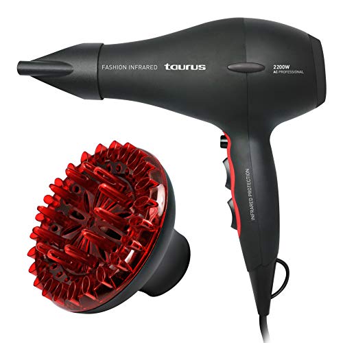 Taurus Fashion Infrared - Secador de pelo (2200 W, 2 velocidades, 3 temperaturas, revestimiento cerámico), negro y rojo
