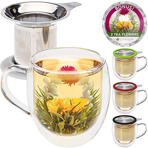 Taza de té de cristal doble con infusor de Teabloom & tapa +2 flores de té gourment - taza de té de 15 oz - la tapa sirve también de posavasos – set de regalo adorable para amantes del té