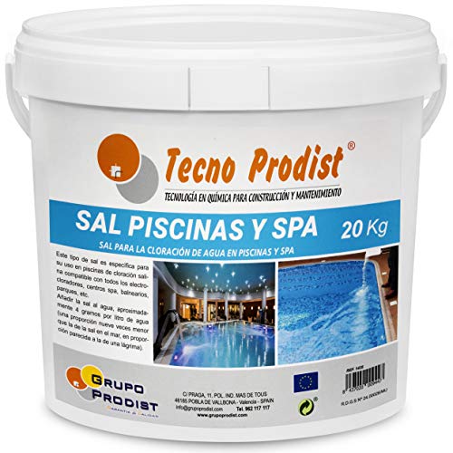 Tecno Prodist TECNOSAL Piscinas y SPA 20 kg - Sal Especial para la cloración Salina de Piscinas, SPA y Jacuzzis - En Cubo Fácil Aplicación