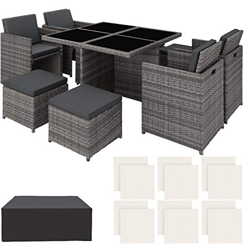 TecTake Conjunto Muebles de jardín en Aluminio y ratán sintético Comedor Juego 4+4+1 + Funda Completa + Set de Fundas Intercambiables | Tornillos de Acero Inoxidable (Gris | No. 403082)