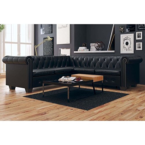 Tidyard Sofá de Esquina Chesterfield 5 Plazas,Sofá de Salón con Estructura de Madera para Hogar o Oficina,Estilo de Lujo y Clase,Tapicería de Cuero Artificial,205x205x73cm Negro