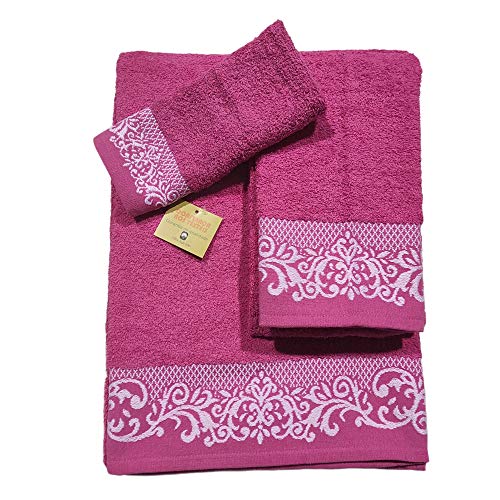 Toallas de baño en Fucsia , Set 3 Piezas Cenefa 100% algodón Portugués , Gran absorción, 500 g.