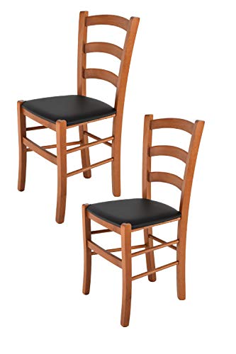 Tommychairs - Set 2 sillas Venice para Cocina y Comedor, Estructura en Madera de Haya Color Cerezo y Asiento tapizado en Polipiel Color Negro