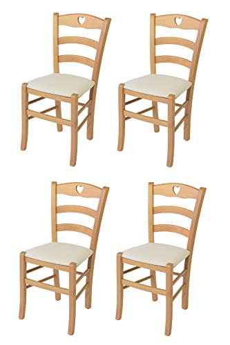 Tommychairs - Set 4 sillas Cuore para Cocina y Comedor, Estructura en Madera de Haya Color Natural y Asiento tapizado en Tejido Color Marfil