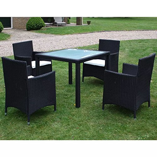 UnfadeMemory Conjunto Mesa y Sillas Jardin con Cojines,Mesa y 4 Sillas,Muebles de Jardín Terraza Balcón o Patio,Ratán Sintético y Acero,Silla 58x61x88cm,Negro