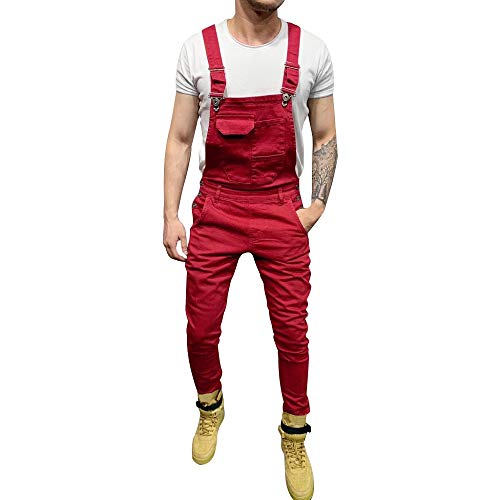 Vaqueros Hombre Mezclilla pantalón Chandal Mono Jeans 2019 Nueva Jumpsuit Pantalones de Mezclilla para Trabajos con Peto Tirante Denim Pantalon Slim fit Peto Amovible (M(EU=74), Rojo)