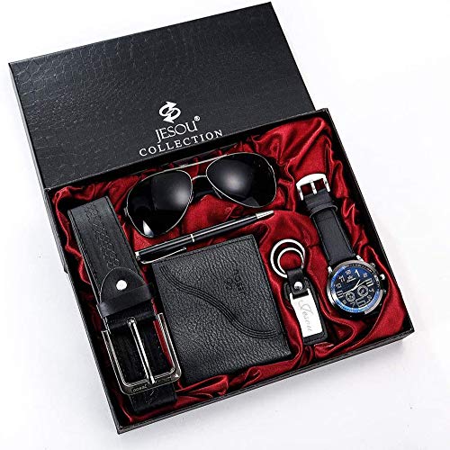 Wangdahua Set De Regalo para Hombre Strap De Cuero Negro Reloj De Pulsera Gafas De Sol Cinturón Monedero Llavero Llén Conjunto Día De San Valentín