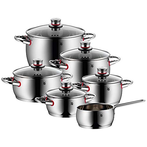 WMF 774066380 Quality One - Batería de cocina (6 piezas, con tapa de cristal, cazo y cazo, acero inoxidable 18/10 Cromargan pulido, apertura de vapor, apta para inducción)