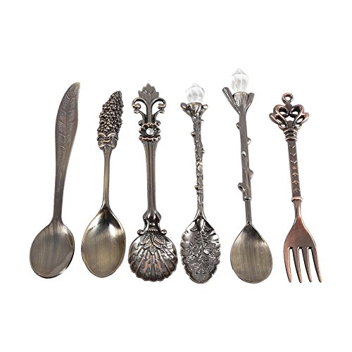 Wosume 【????? ?????? ?????????】 Vintage Spoons Fork, Royal Style Metal Mini cucharas de café y Fork Kitchen Fruit Coffee Accessories 6Pcs / Set(Bronce Verde)