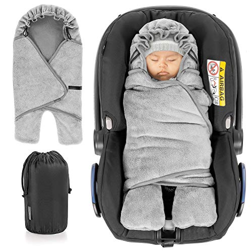 Zamboo Manta envolvente bebé con pies, forro polar térmico, capucha y bolsa - Invierno - Arrullo para silla de coche Grupo 0+(se adapta a Maxi-Cosi/Cybex/Römer) - Gris