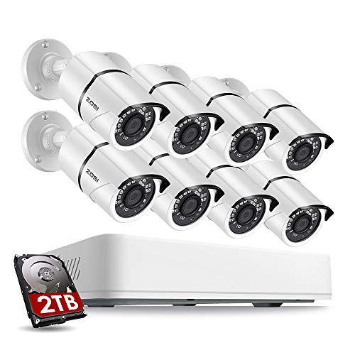 ZOSI 5MP Sistema de Vigilancia 8CH H.265+ Video Grabador DVR con (8) Cámara de Seguridad Exterior, 2TB Disco Duro, 30m Visión Nocturna, Alarma de Movimiento, P2P